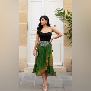 Elegant Green silk and Kantha Women's Skirt